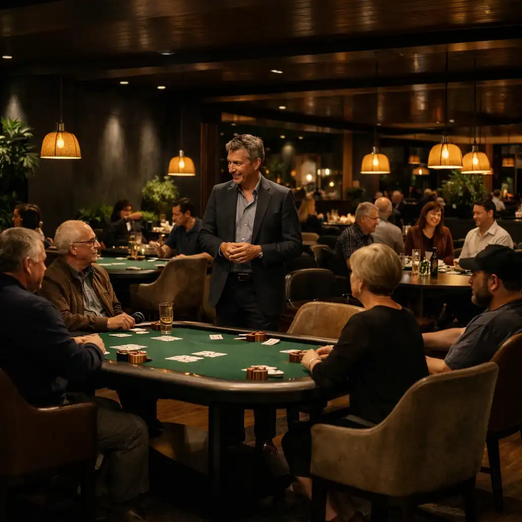 Guests and a host sharing an in-person card lounge setting within a restaurant.