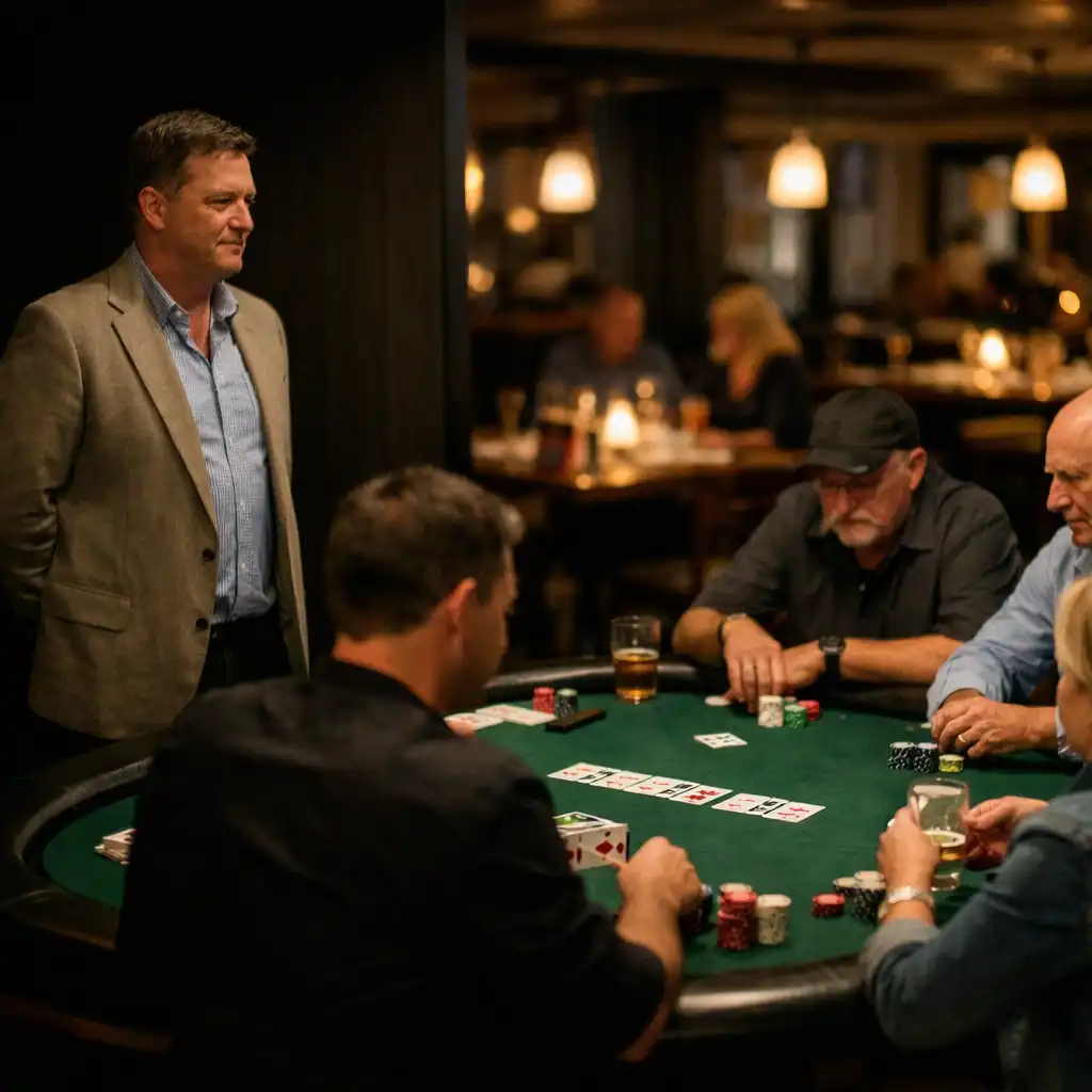 Host and adult guests gathered around a physical poker table in The Gamesome Kitchen card lounge