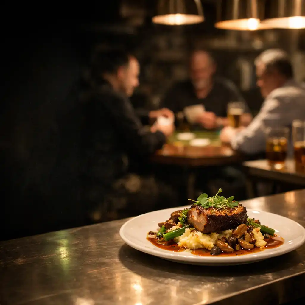Plated savoury dish at a restaurant kitchen pass with a softly blurred card lounge behind