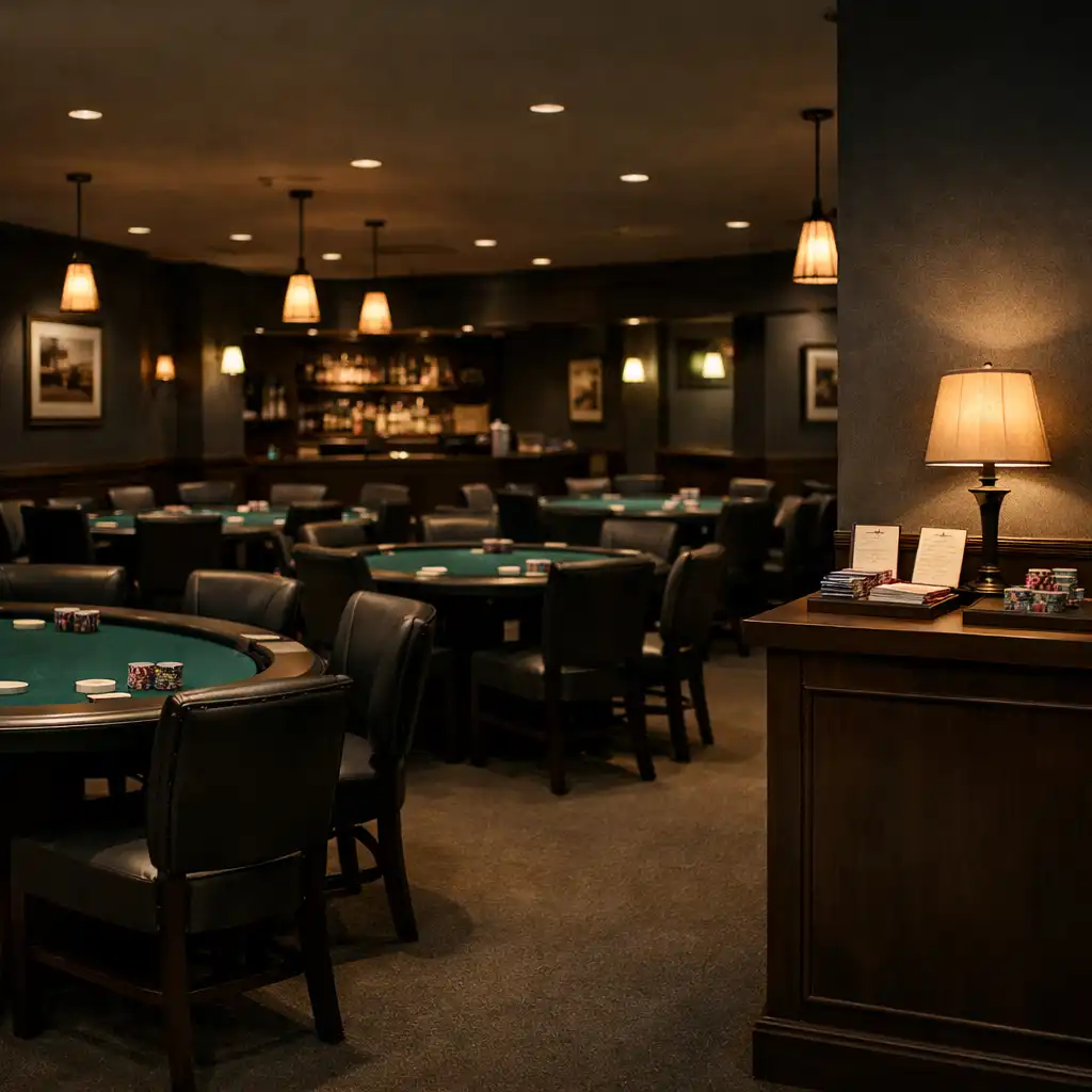 Orderly restaurant card lounge after a hosted poker session, with tables reset and chairs pushed in