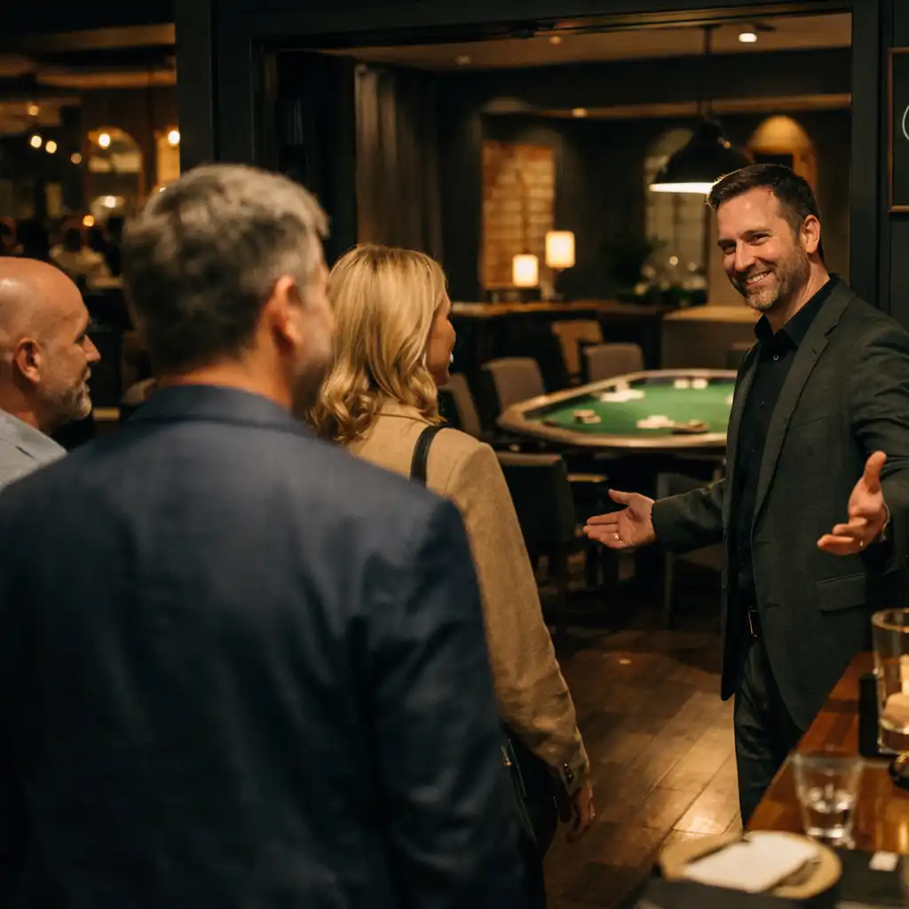 A host welcoming a private group into a restaurant card lounge with prepared tables.