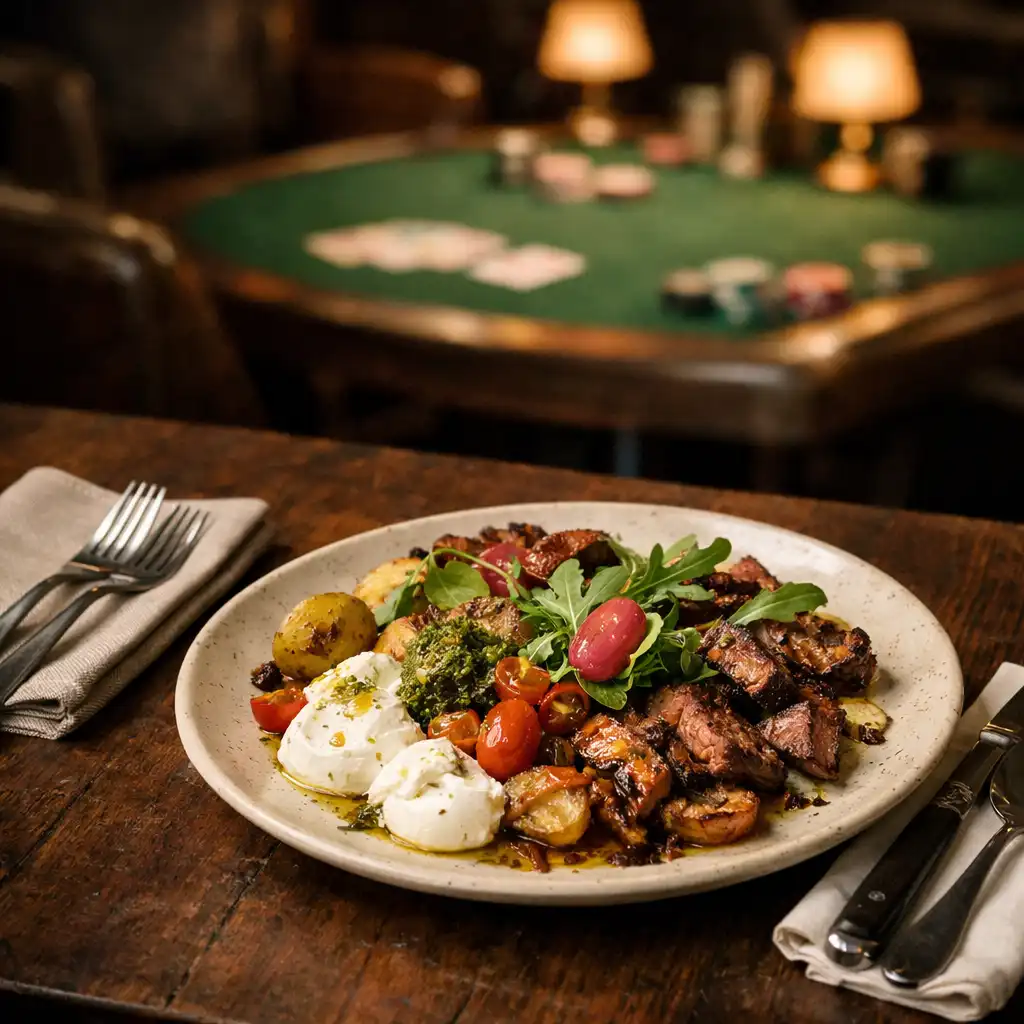 A plated shared dish on a dark restaurant table with card lounge lighting in the background.