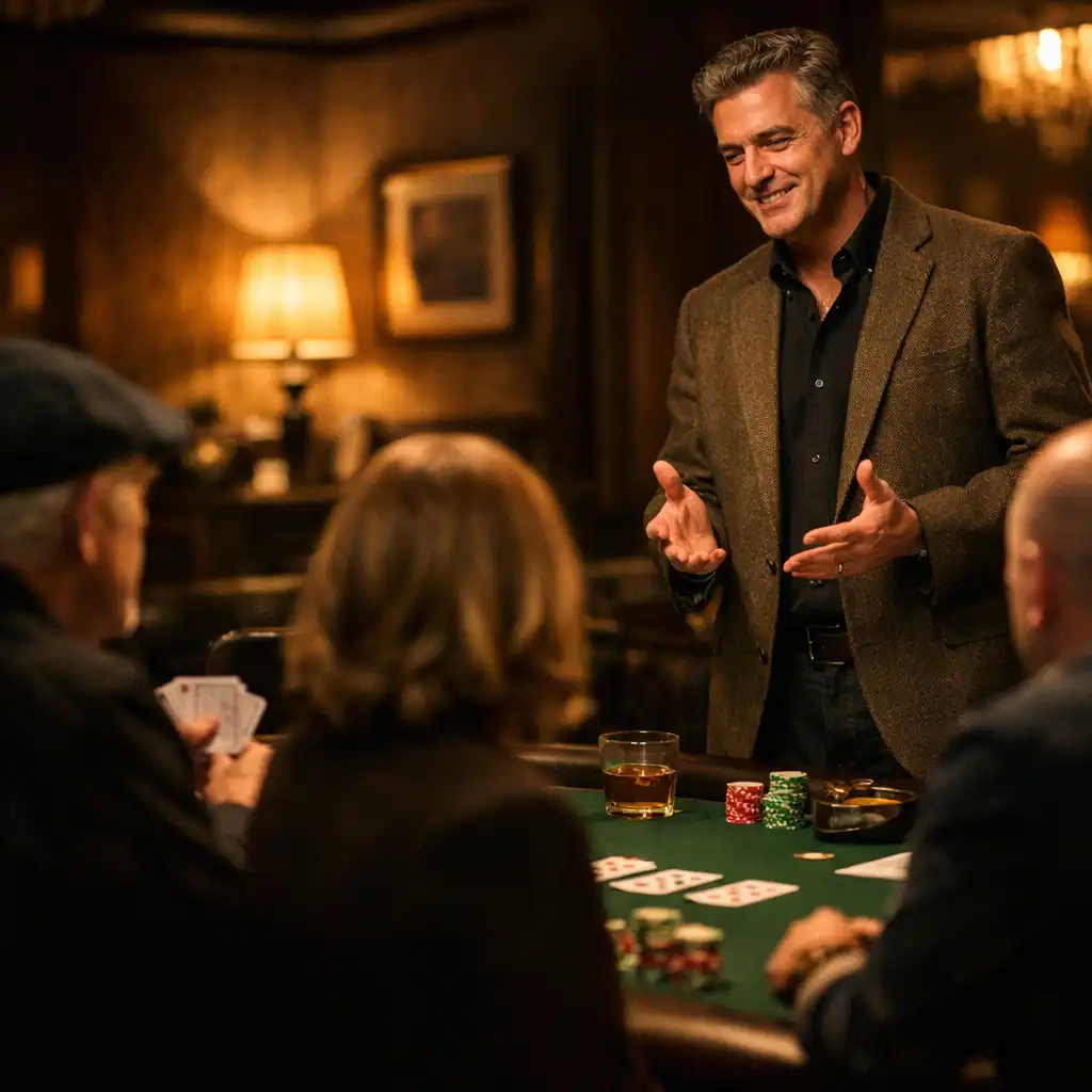 A host briefing guests beside a felt-topped table in The Gamesome Kitchen card lounge.