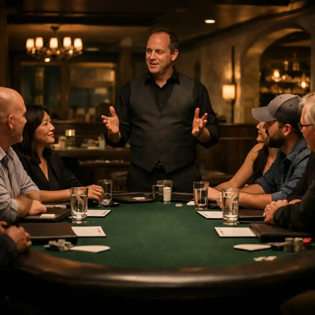 A host introducing a physical card table to guests in the restaurant card room