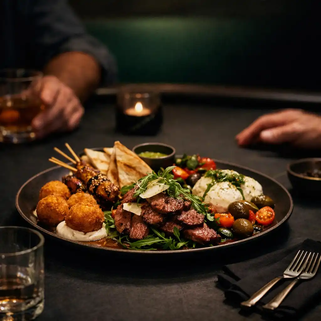 A plated shared dish beside a physical card table in the restaurant