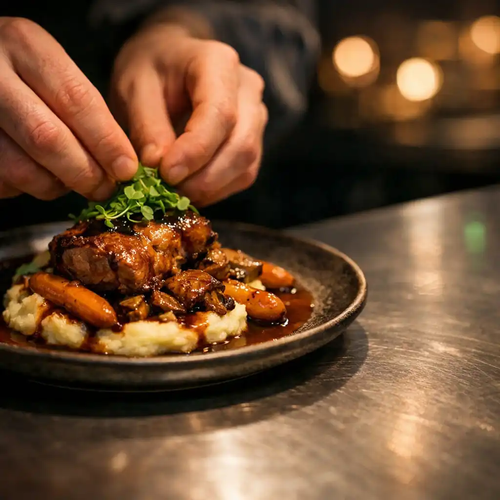 A plated dish being finished by a cook at the restaurant kitchen pass.