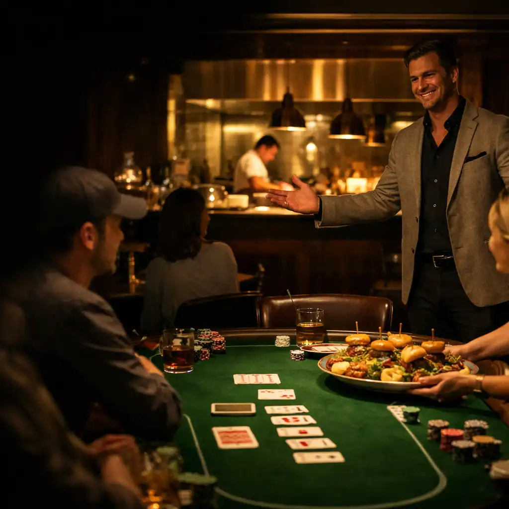Server placing shared food at a physical card table in The Gamesome Kitchen card lounge