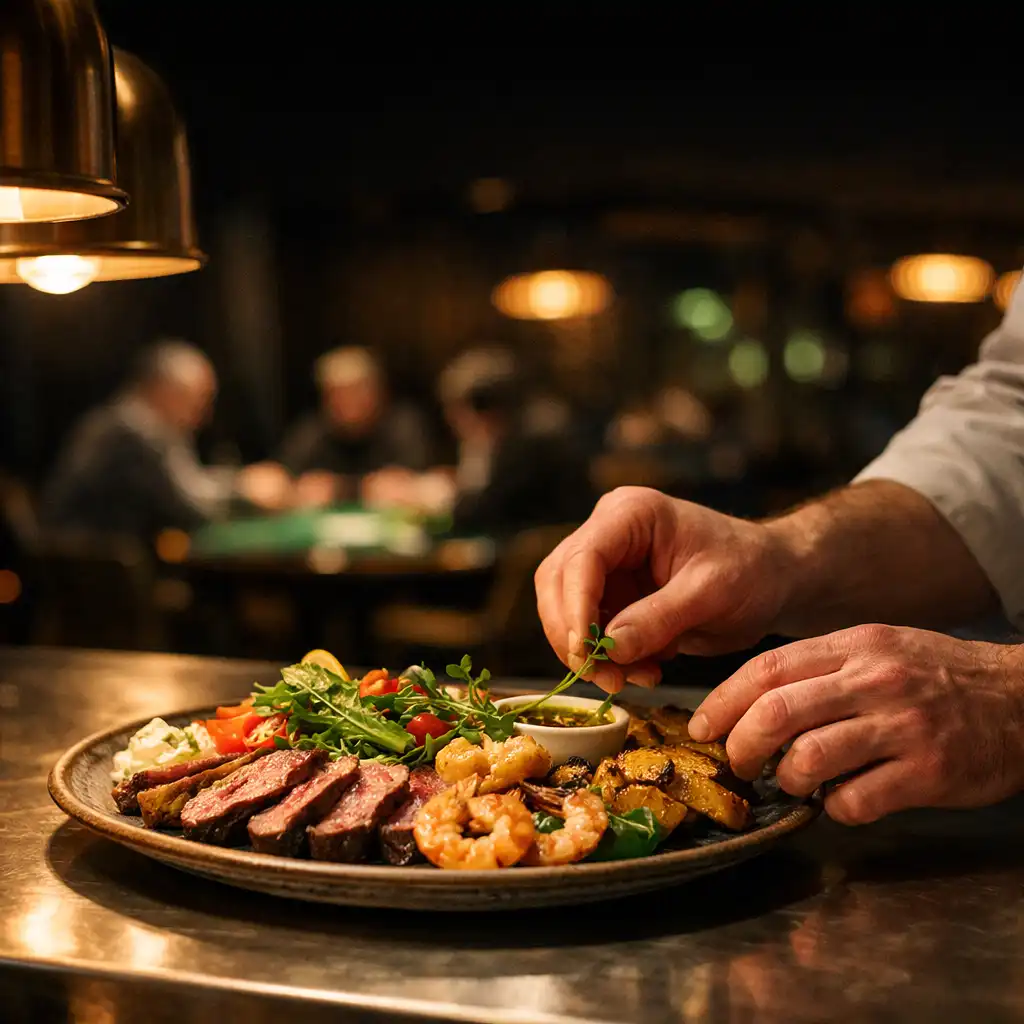 Chef finishing a shared plate at the restaurant kitchen pass
