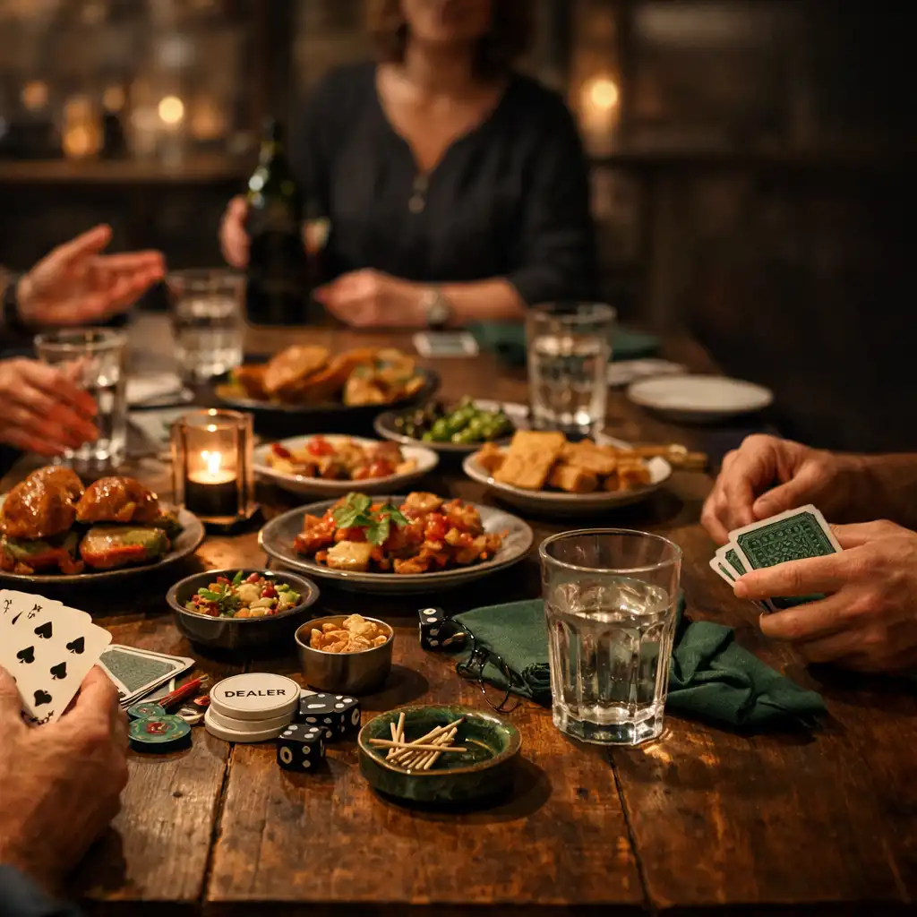 Shared restaurant table with food, conversation and physical cards in the card lounge