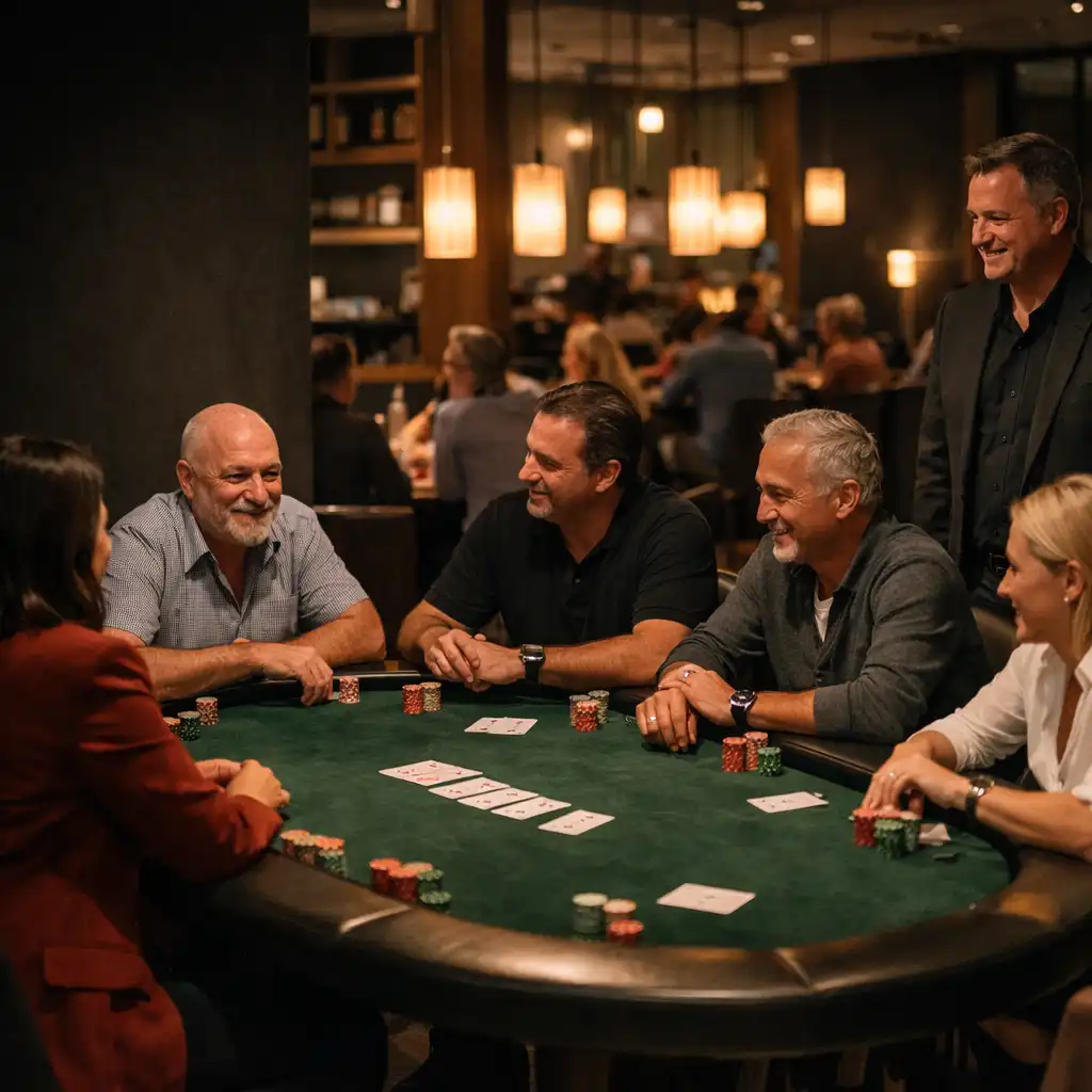 Guests gathered around a felt poker table in The Gamesome Kitchen card lounge.