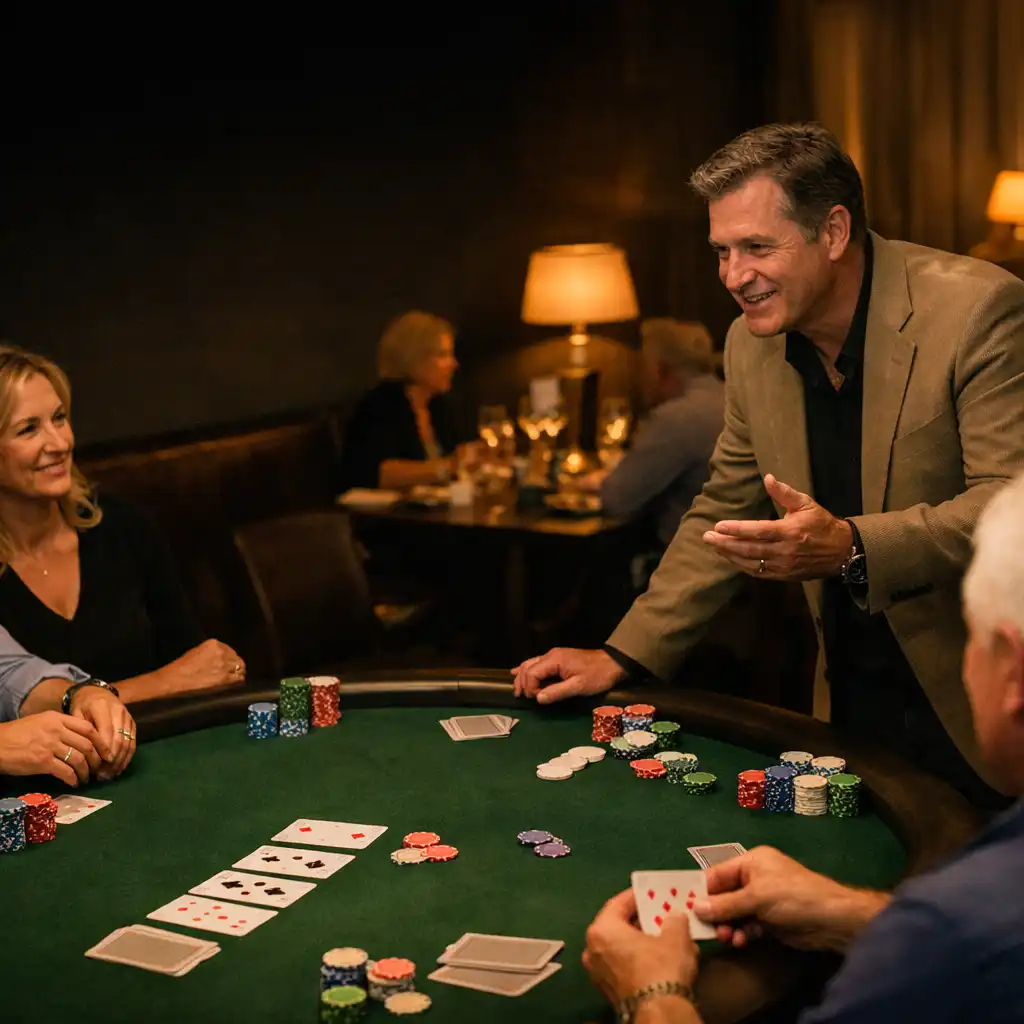 A host guiding guests around a physical poker table inside The Gamesome Kitchen restaurant card room.