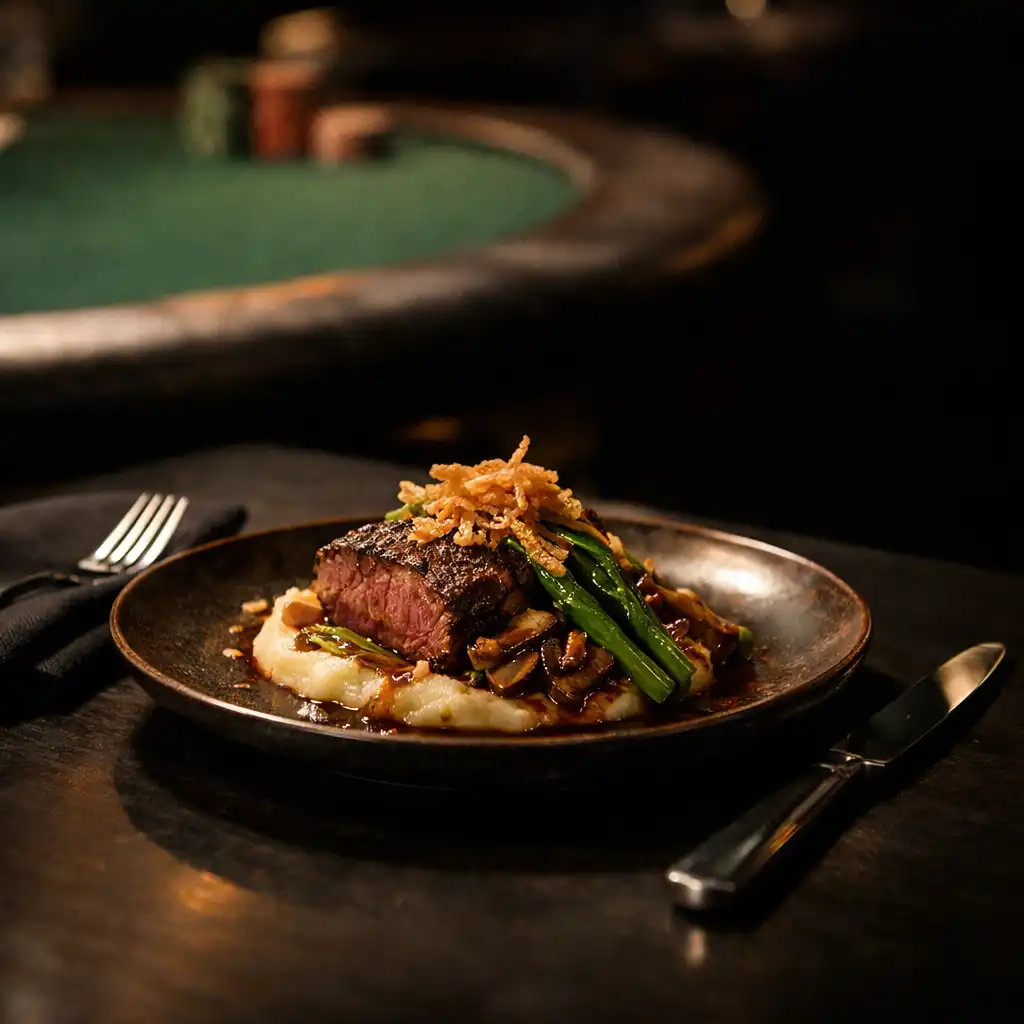 A plated savoury dish on a dark restaurant table near the card lounge.