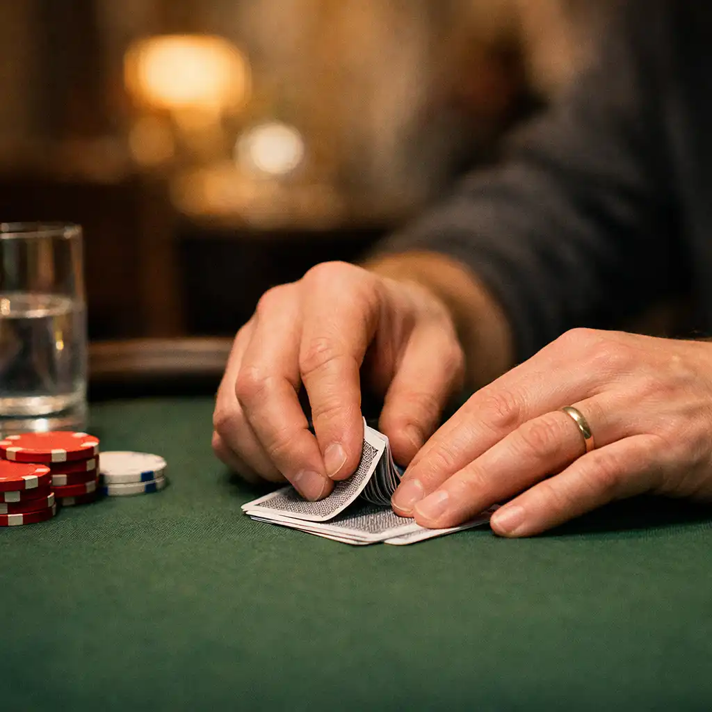 Hands arranging cards on a felt poker table in a restaurant setting.