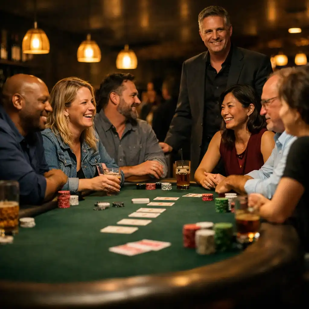 Adult guests gathered around a poker table in The Gamesome Kitchen card lounge