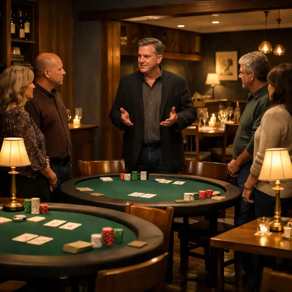 Host speaking with a private group around poker tables in a restaurant card room