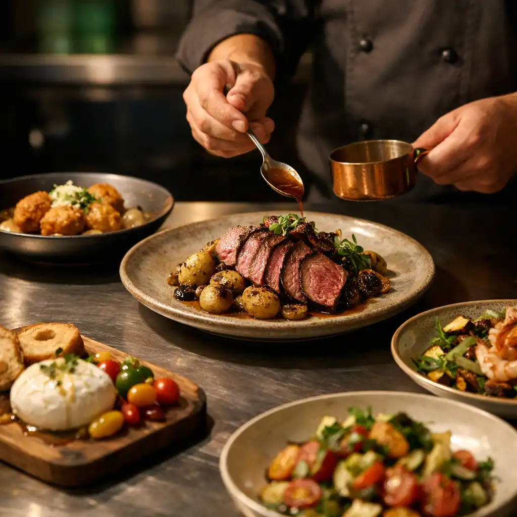 Chef finishing plated shareable dishes at a restaurant kitchen pass