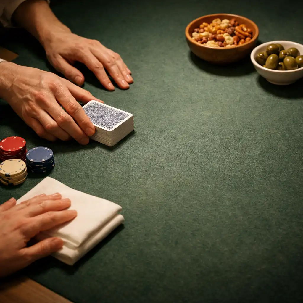 Hands preparing a physical poker table with cards, a snack, and non-financial table props